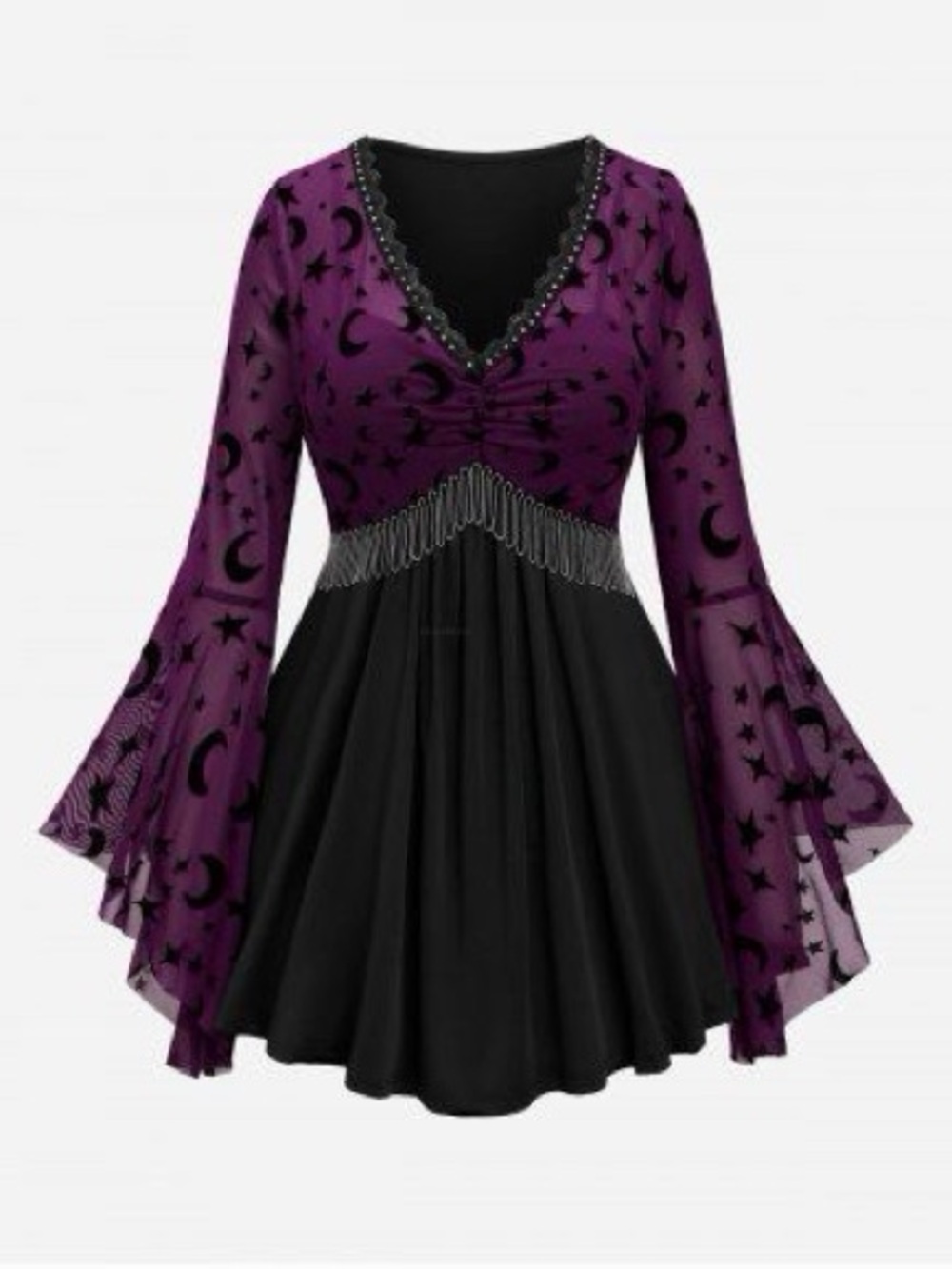 Starry Mesh Bell-Sleeve V-Neck Long Sleeve Top in Purple and Black